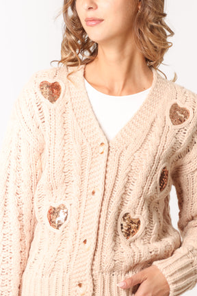 Sequin Heart Cable Knit Cardigan