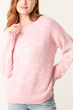 Heart Embroidered Knit Jumper
