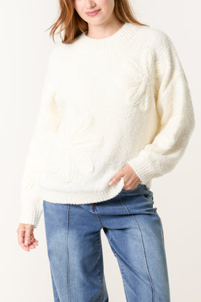 Soft Knit Flower High Crew Neck Jumper