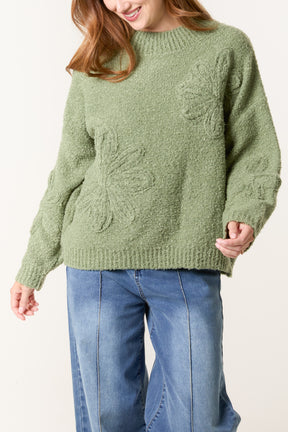 Soft Knit Flower High Crew Neck Jumper