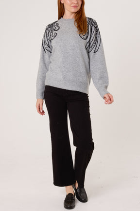 Embroidered Spiral Shoulders Knit Jumper