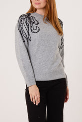 Embroidered Spiral Shoulders Knit Jumper
