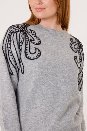 Embroidered Spiral Shoulders Knit Jumper