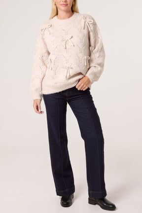 Bow Accent Textured Knit Jumper
