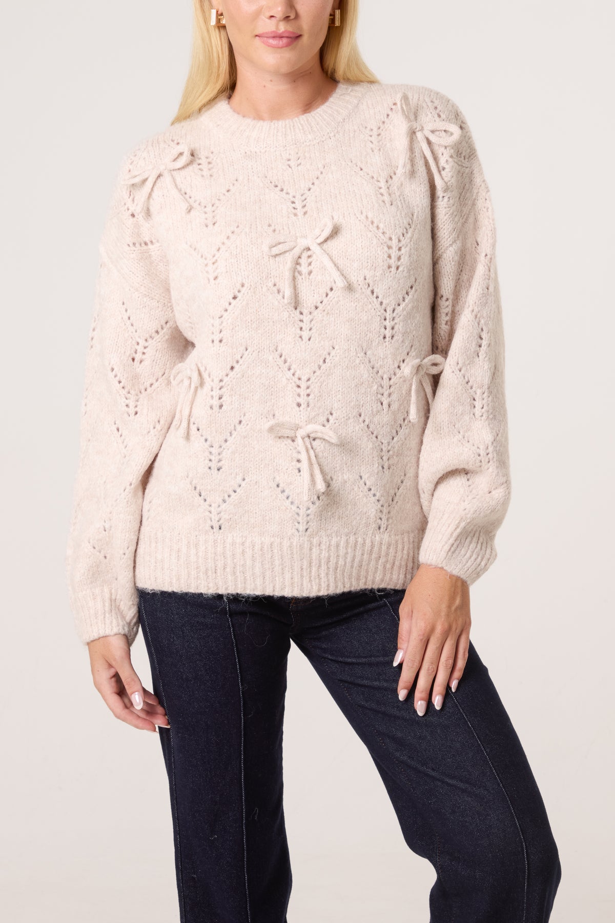 Bow Accent Textured Knit Jumper