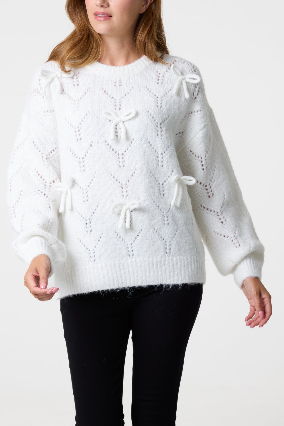 Bow Accent Textured Knit Jumper