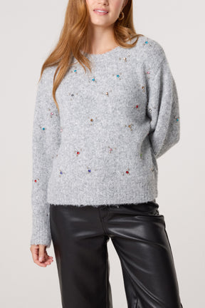Colourful Diamante Embellished Knit Jumper