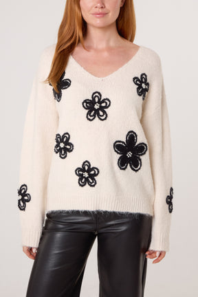 Embellished Flower V-Neck Jumper