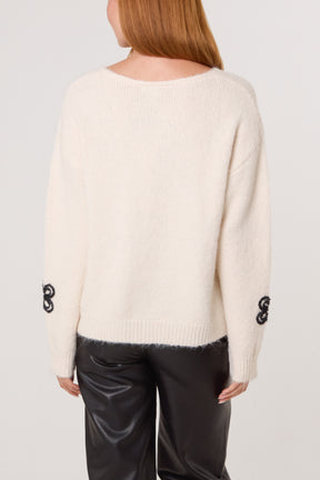 Embellished Flower V-Neck Jumper