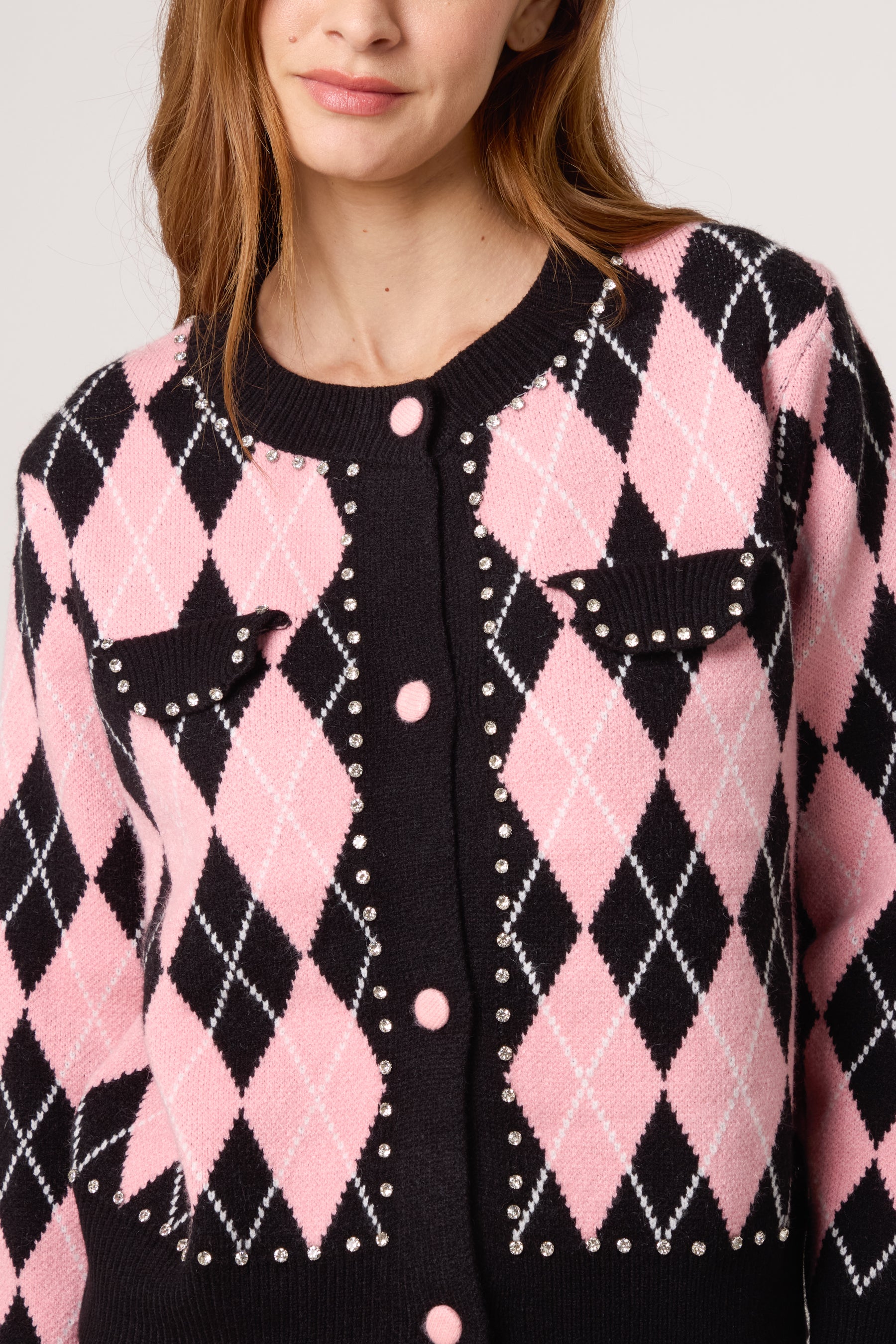 Diamante Argyle-Patterned Knit Cardigan