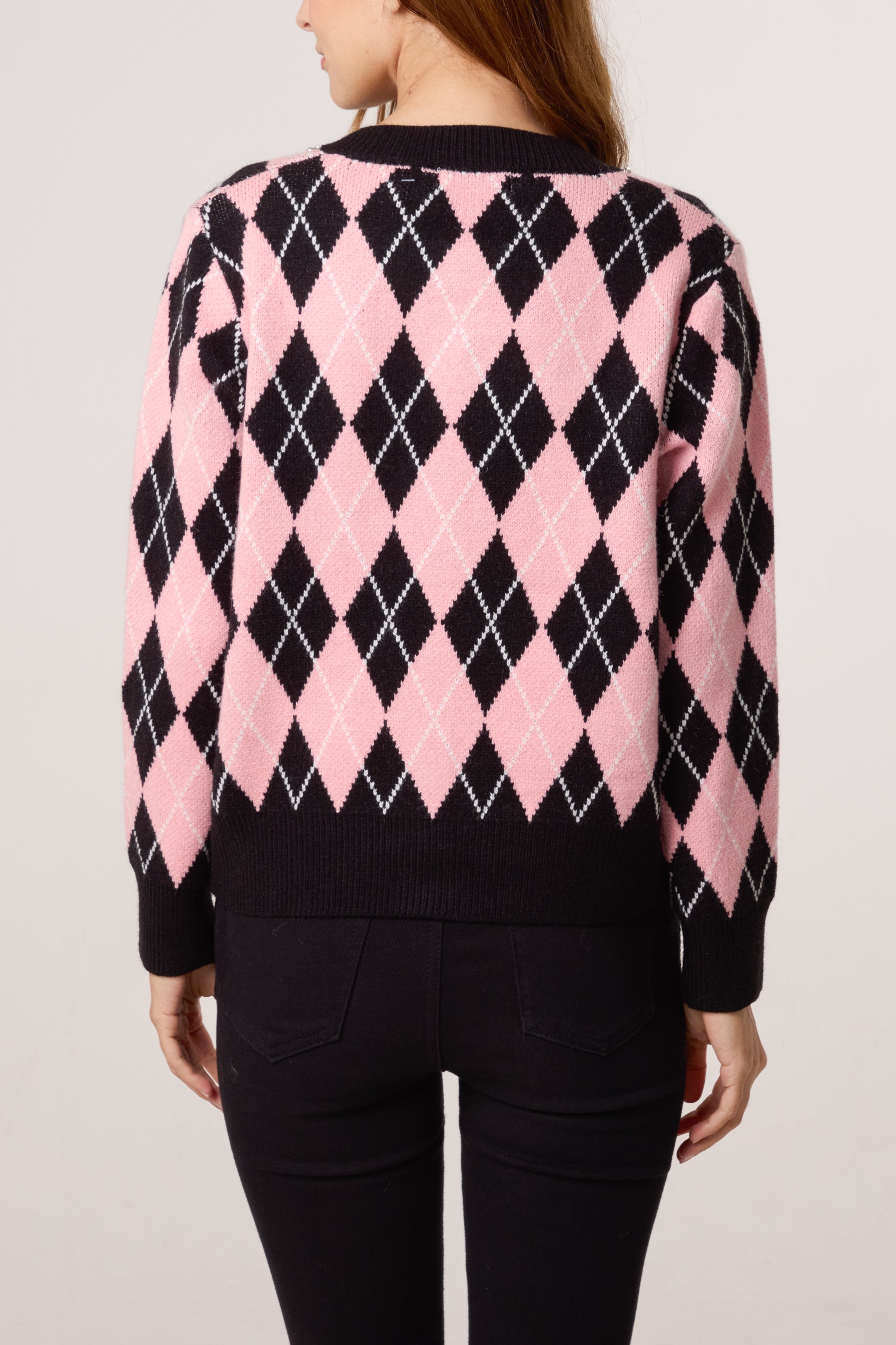 Diamante Argyle-Patterned Knit Cardigan