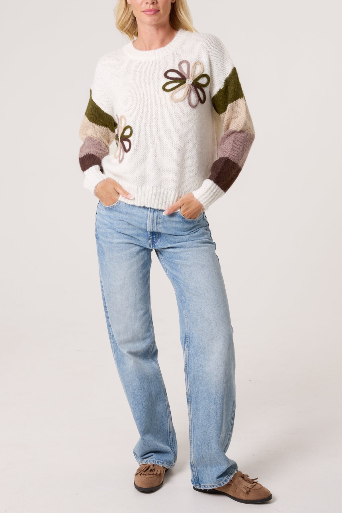 Colourful Floral Embroidery Striped Jumper