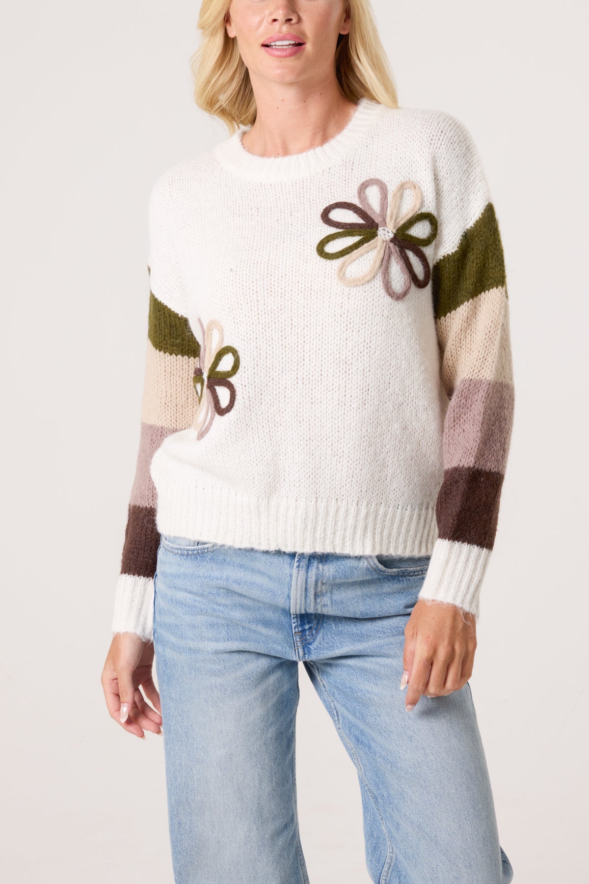 Colourful Floral Embroidery Striped Jumper