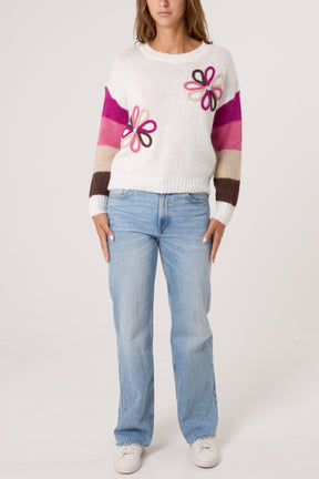 Colourful Floral Embroidery Striped Jumper