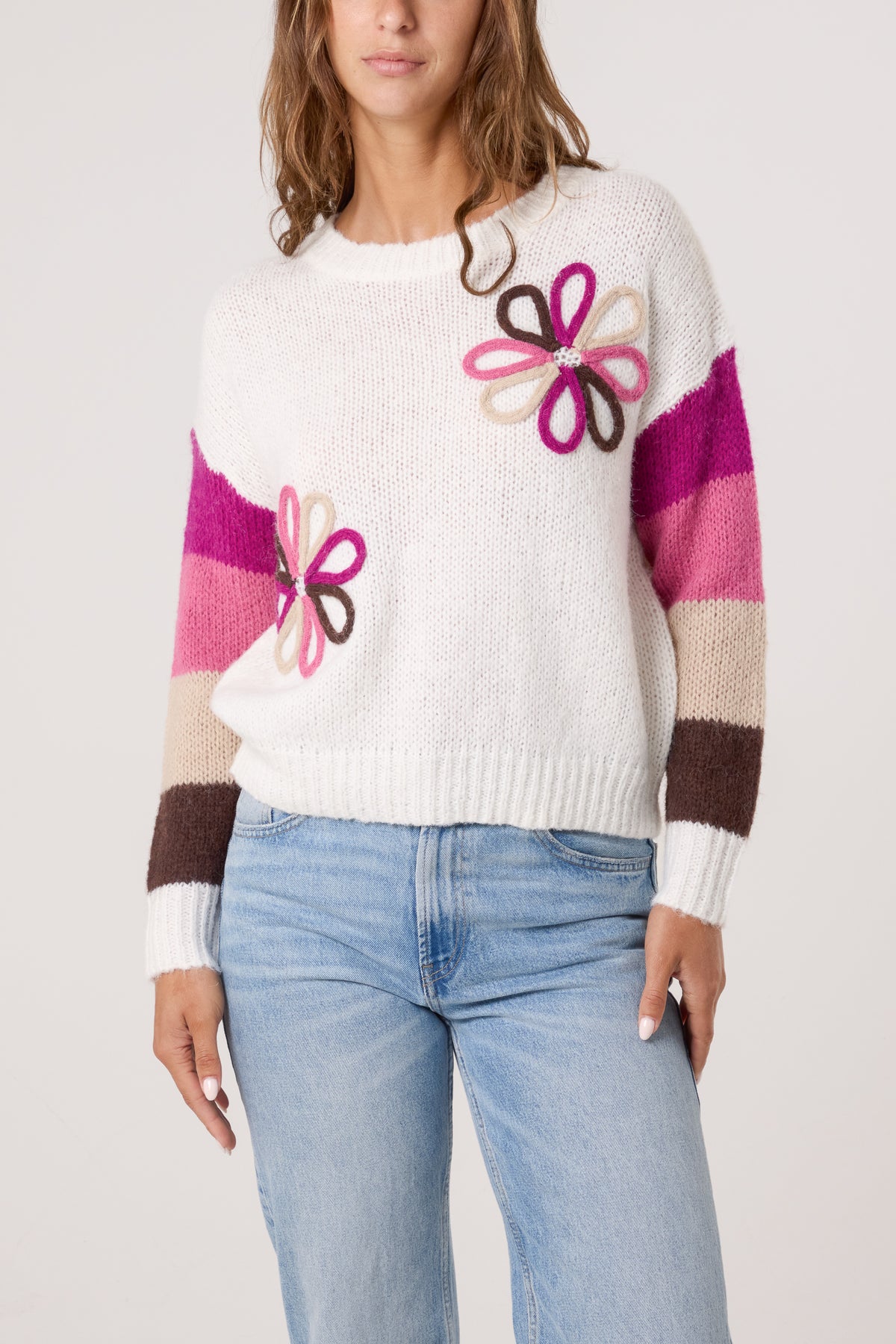 Colourful Floral Embroidery Striped Jumper