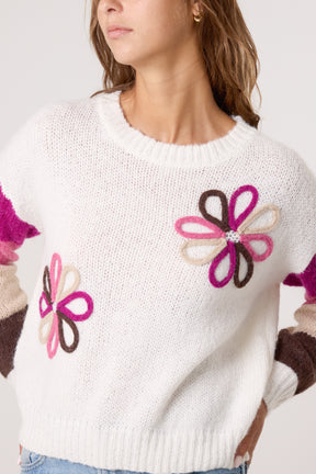 Colourful Floral Embroidery Striped Jumper
