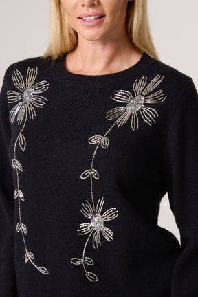Diamante Flowers Crew Neck Knit Jumper