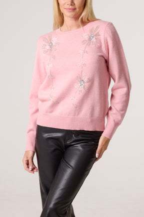 Diamante Flowers Crew Neck Knit Jumper