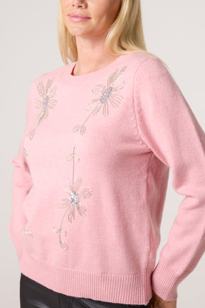 Diamante Flowers Crew Neck Knit Jumper