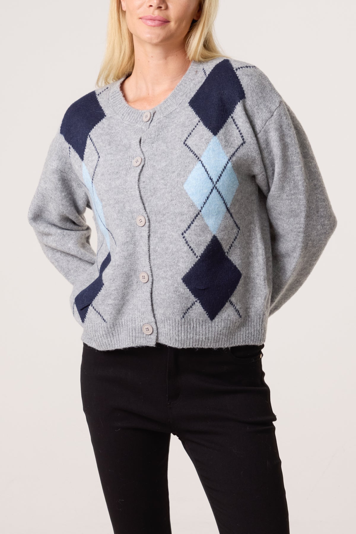 Diamond Argyle Round Neck Cardigan