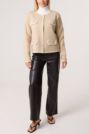 Pearl Button Check Knit Cardigan