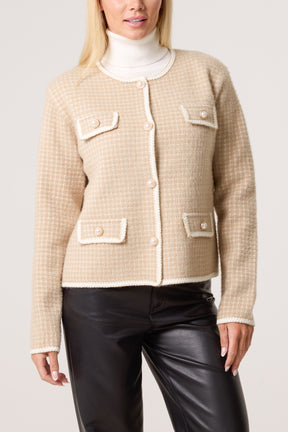 Pearl Button Check Knit Cardigan