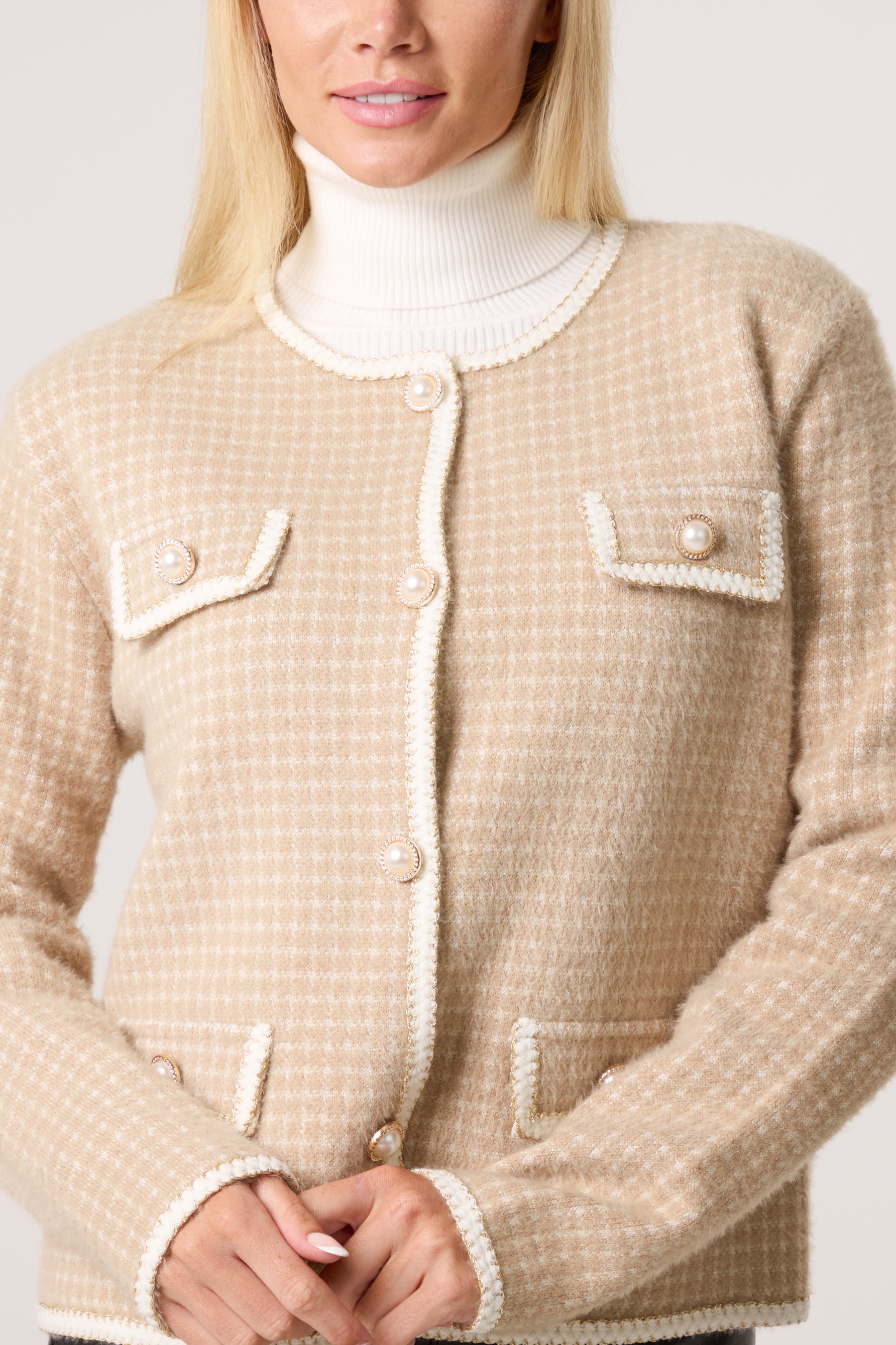 Pearl Button Check Knit Cardigan
