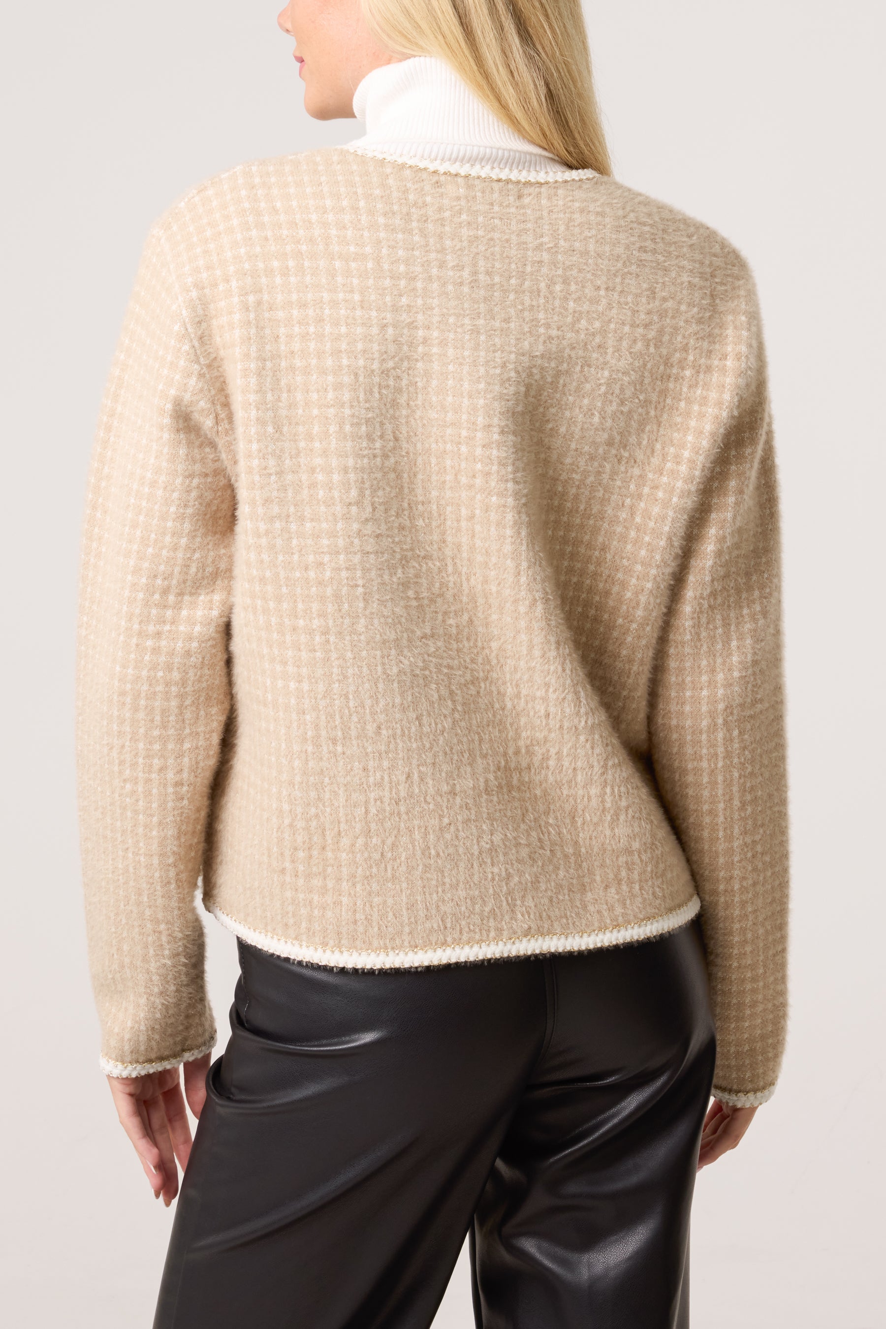 Pearl Button Check Knit Cardigan