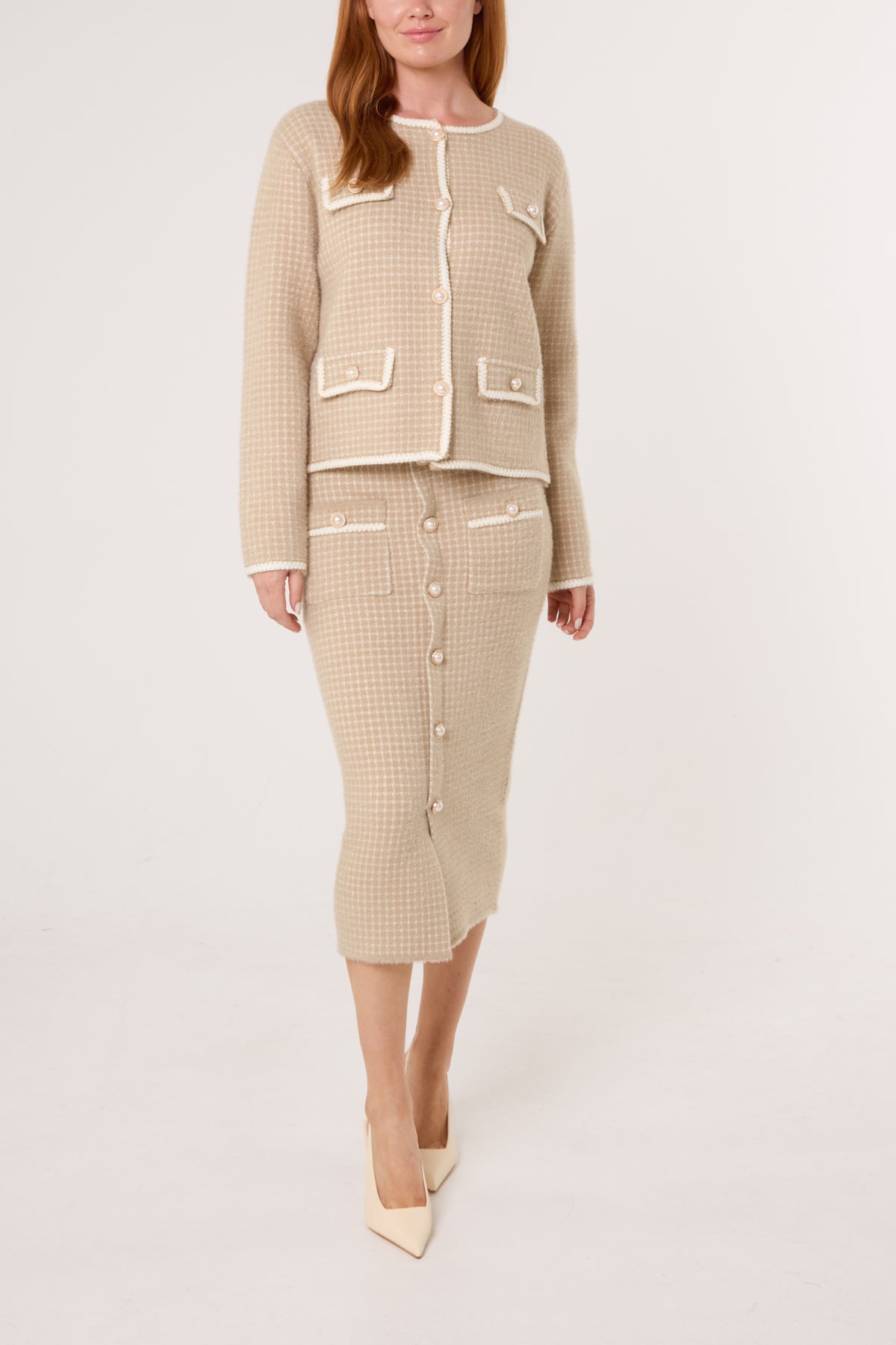 Pearl Button Check Knit Cardigan & Skirt Set