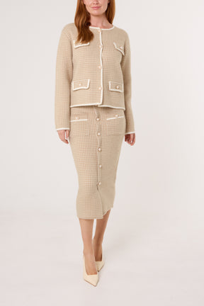 Pearl Button Check Knit Cardigan & Skirt Set