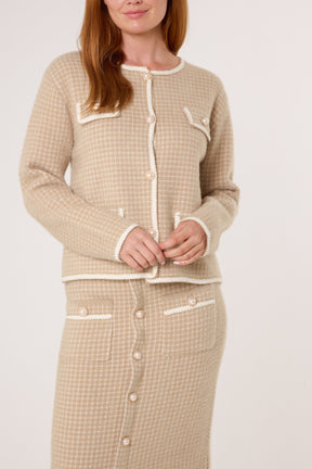 Pearl Button Check Knit Cardigan & Skirt Set
