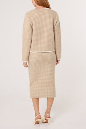 Pearl Button Check Knit Cardigan & Skirt Set