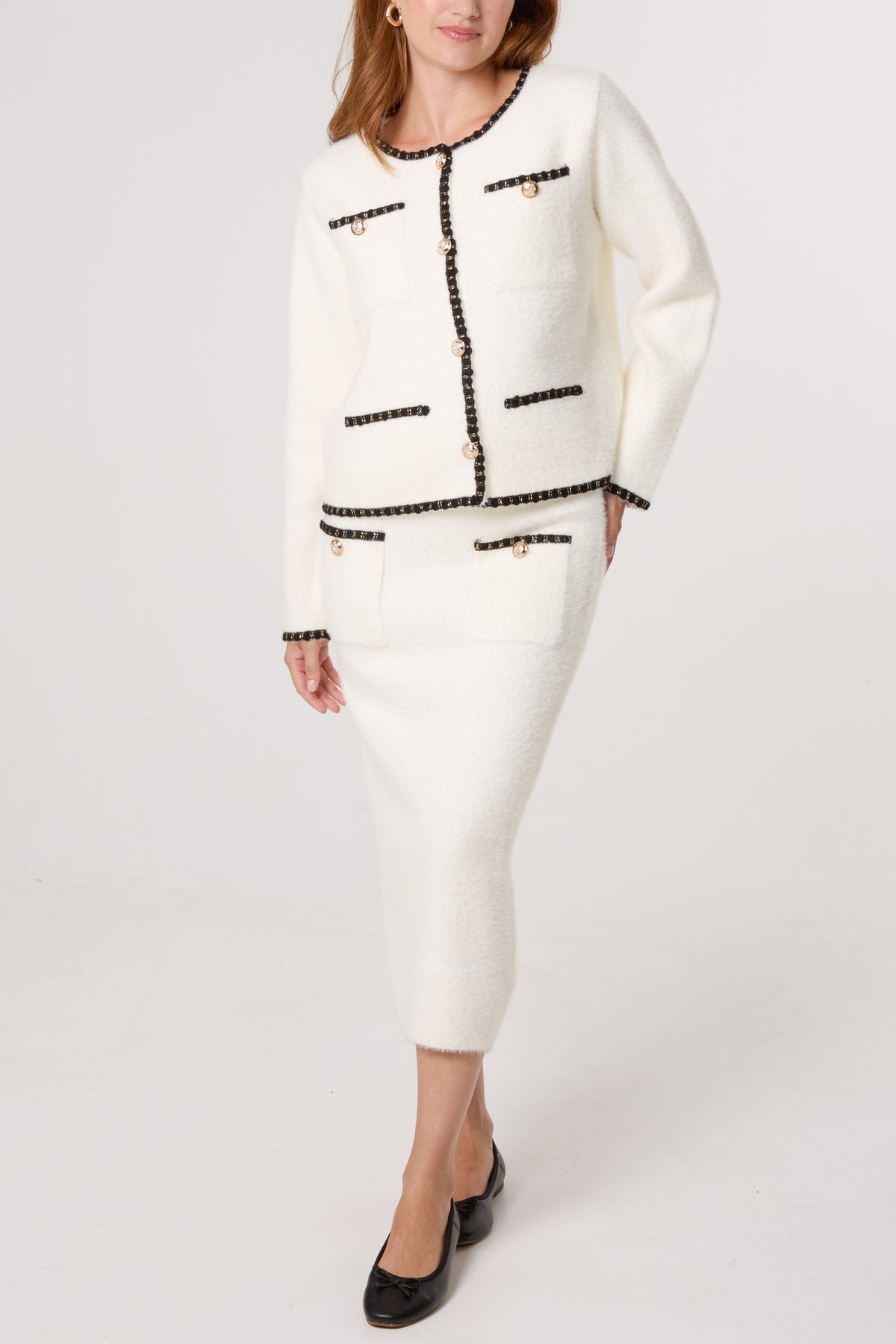 Contrast Knit Cardigan & Skirt Set