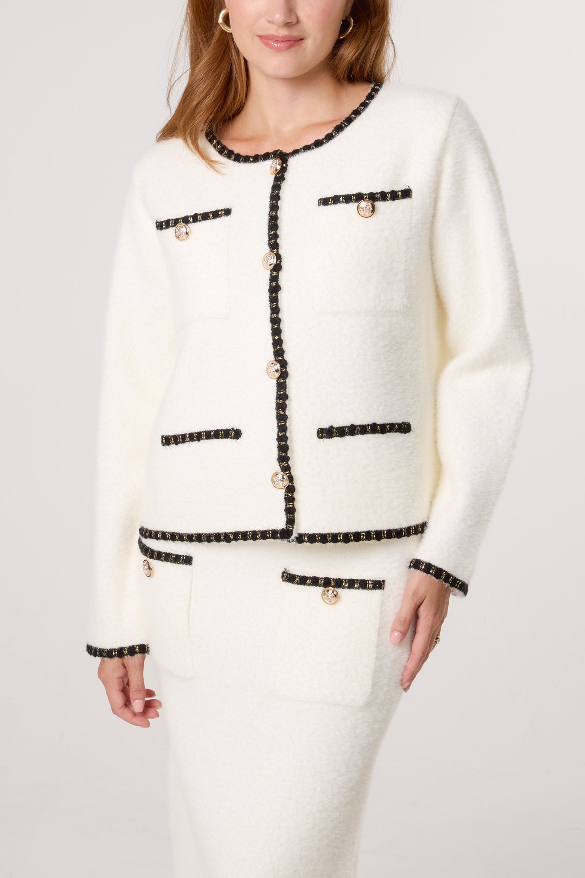 Contrast Knit Cardigan & Skirt Set