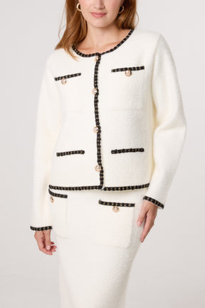Contrast Knit Cardigan & Skirt Set