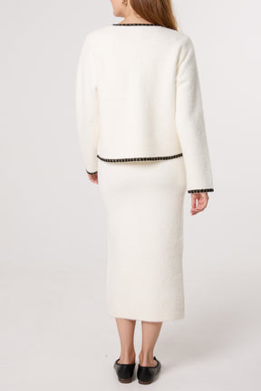 Contrast Knit Cardigan & Skirt Set