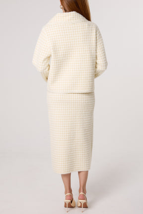 Pearl Button Check Knit Cardigan & Skirt