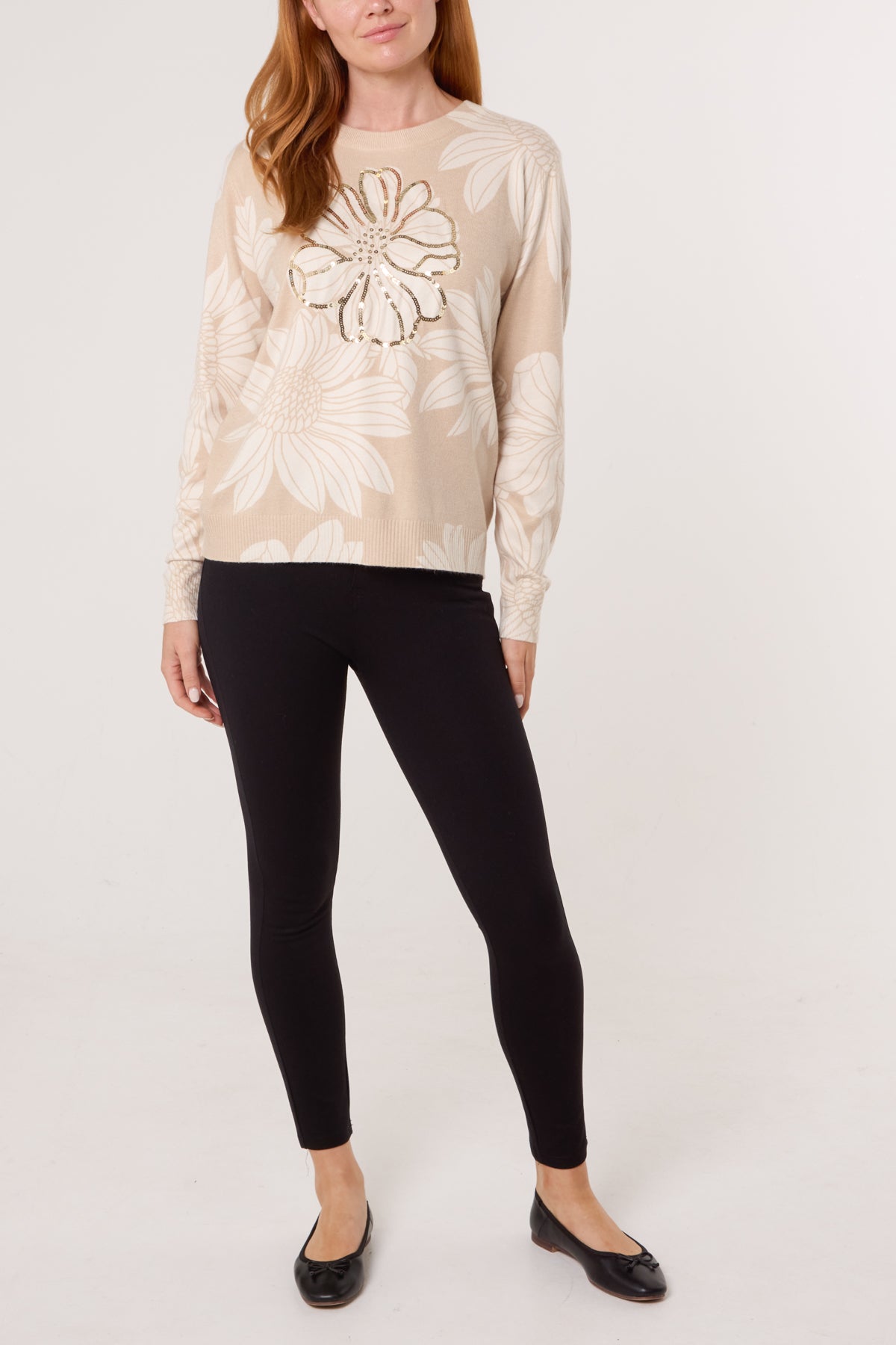 Embellished Flower Crew Fine Knit Jumper