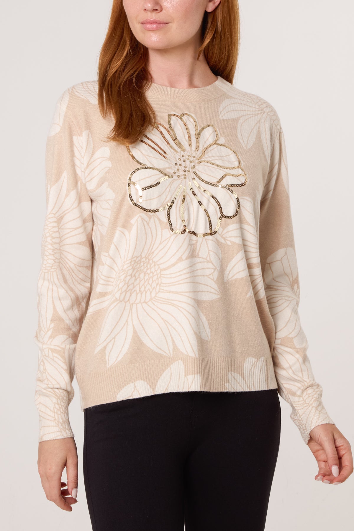Embellished Flower Crew Fine Knit Jumper
