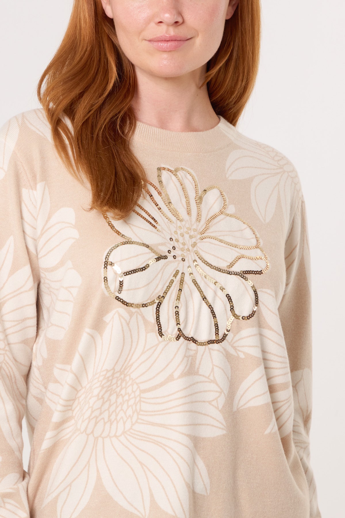 Embellished Flower Crew Fine Knit Jumper