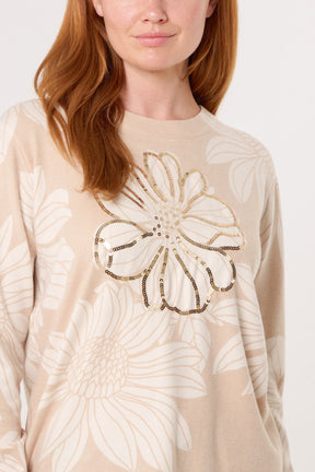 Embellished Flower Crew Fine Knit Jumper