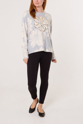 Embellished Flower Crew Fine Knit Jumper