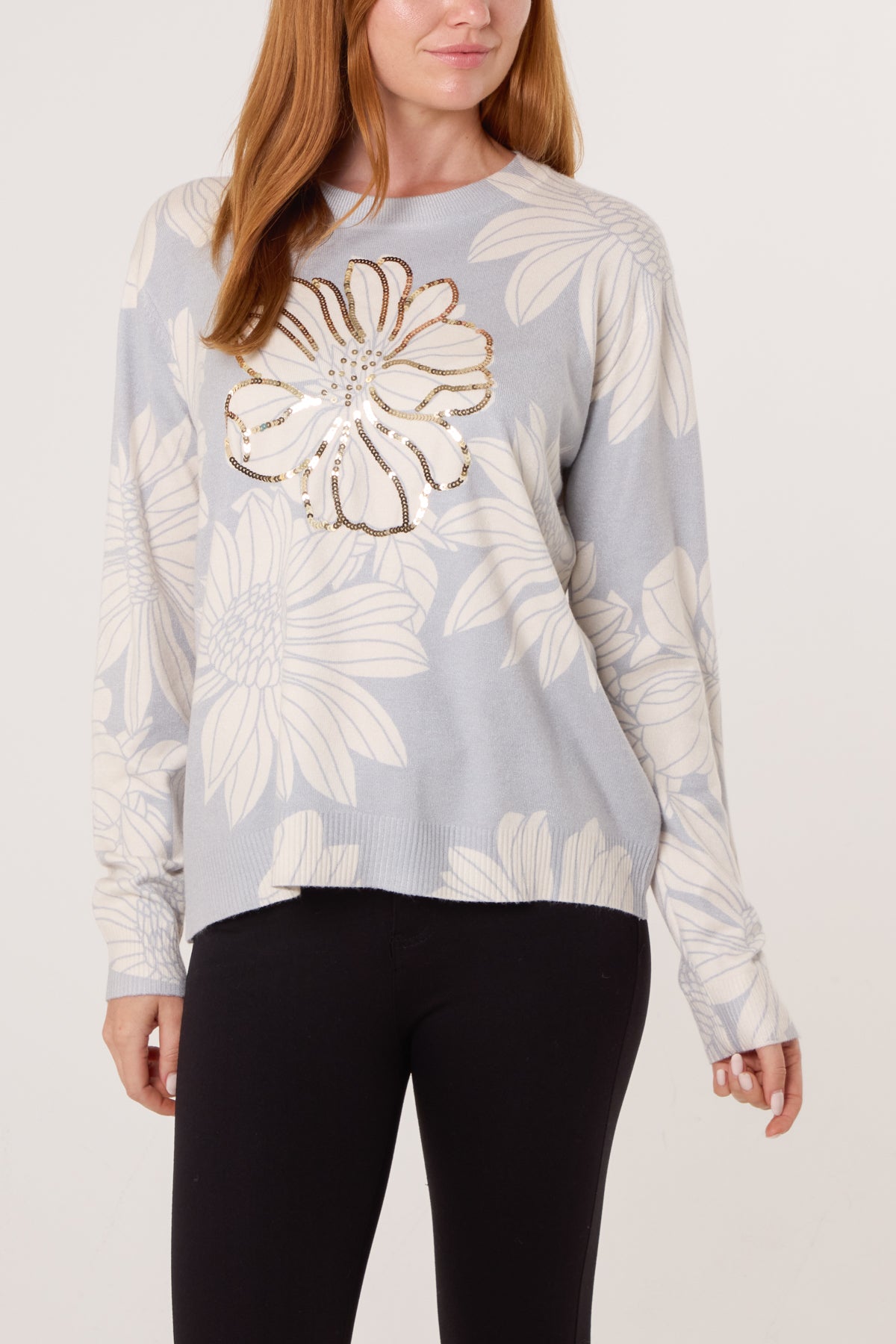 Embellished Flower Crew Fine Knit Jumper