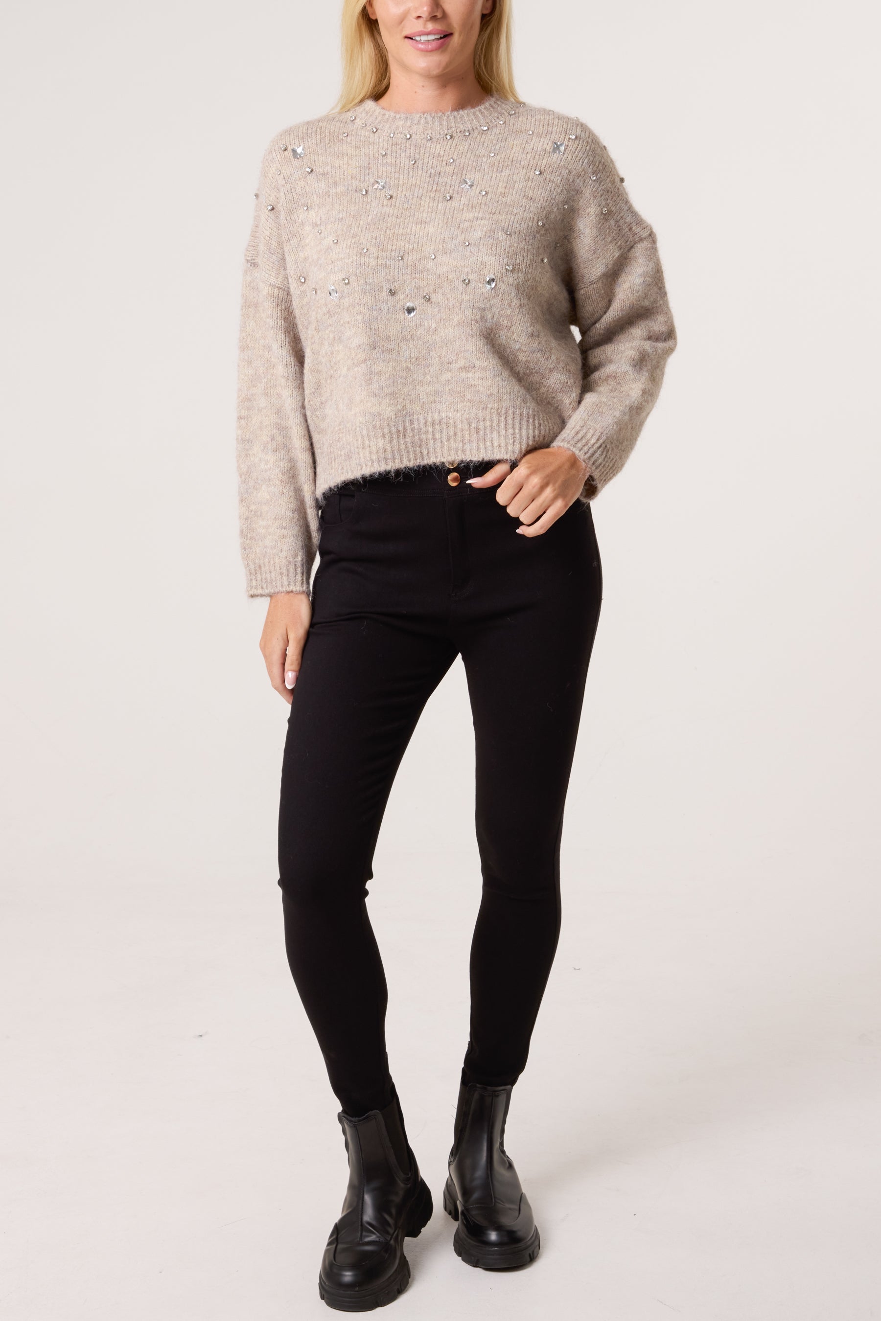 Diamante Round Neck Knit Jumper