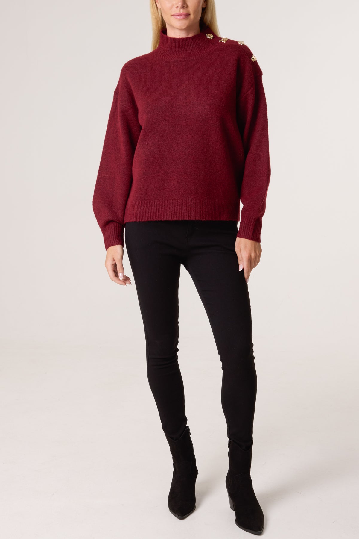 Gold Button Shoulder High Neck Jumper