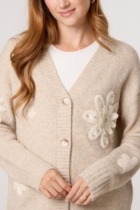Crochet Embellished Flower Knit Cardigan