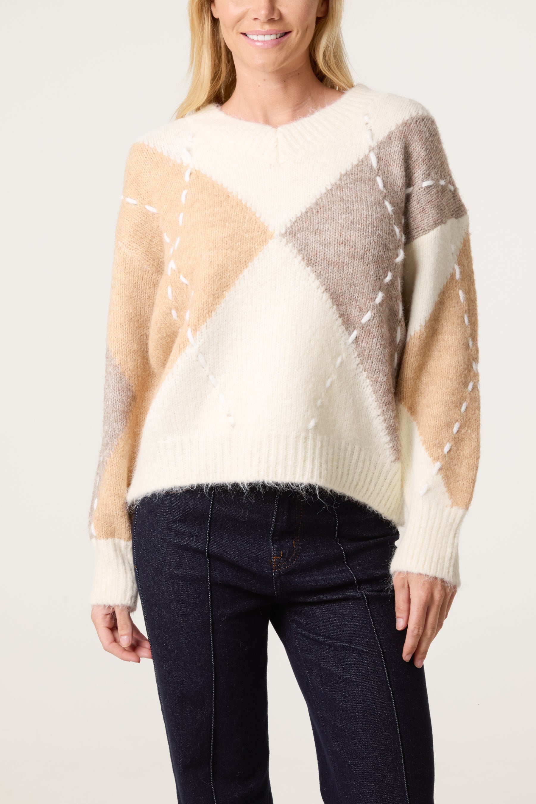 Stitched Argyle Pattern Jumper
