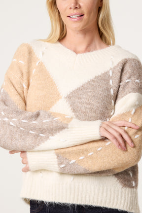 Stitched Argyle Pattern Jumper