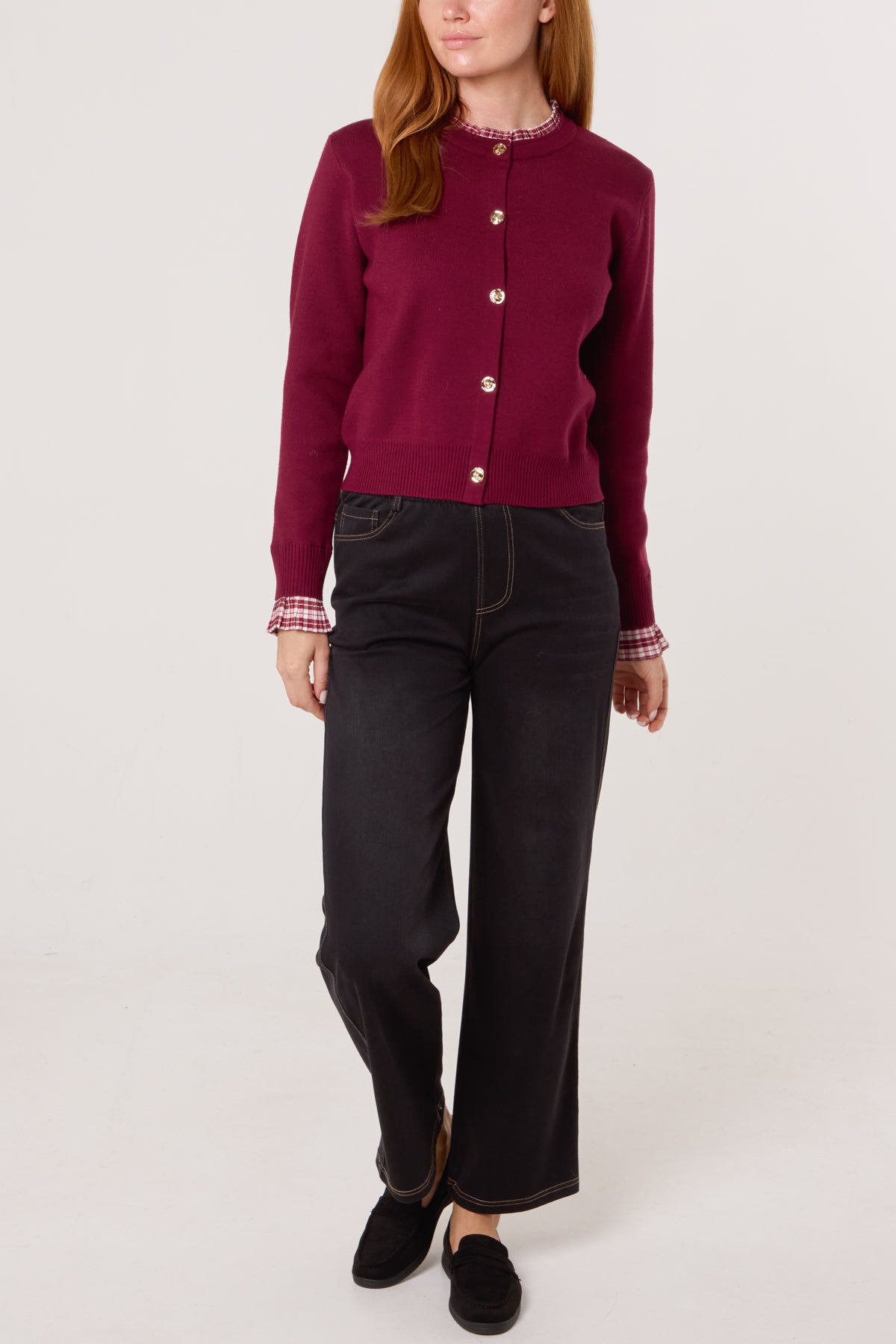Tartan Ruffle Trim Knit Cardigan