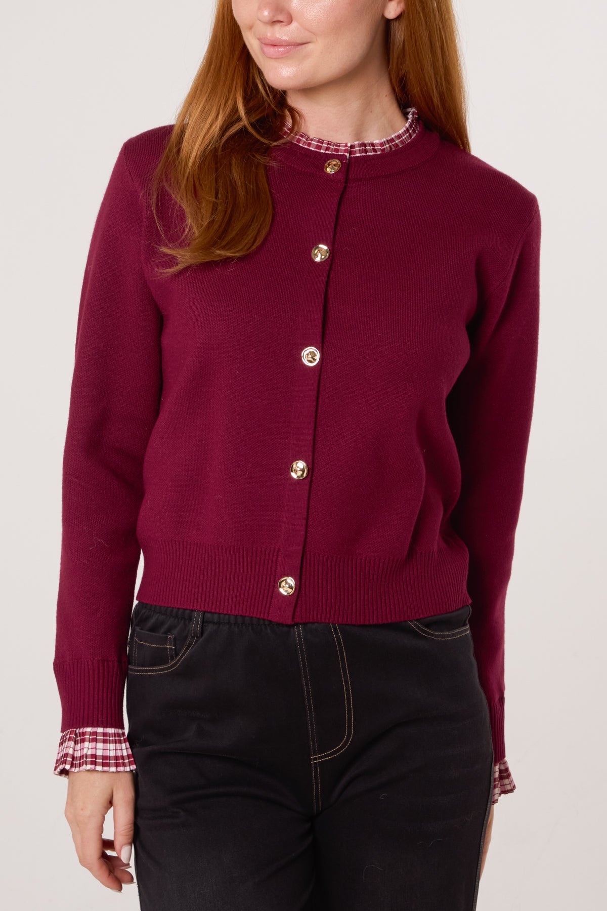 Tartan Ruffle Trim Knit Cardigan